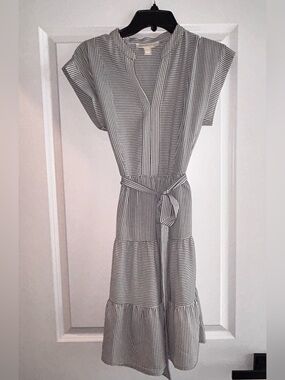 Striped V-Neck Belted Mini Dress - Grey & White